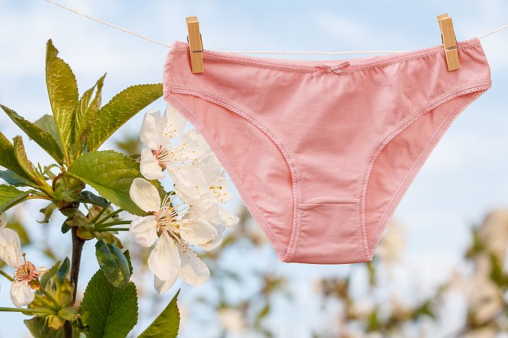 Illustration showing how to dry period underwear by air drying at room temperature with good airflow, avoiding tumble dryers and direct heat sources to protect absorbency and fabric.