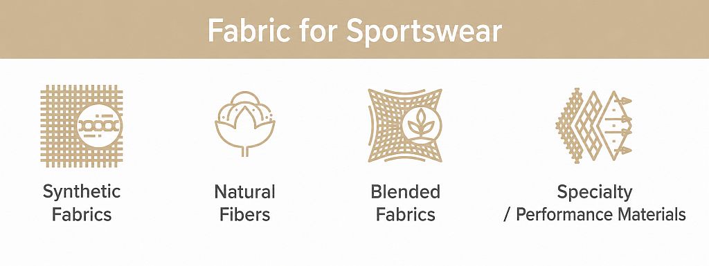 Infographic showing different fabrics for sportswear with categories, properties, and applications in activewear textiles