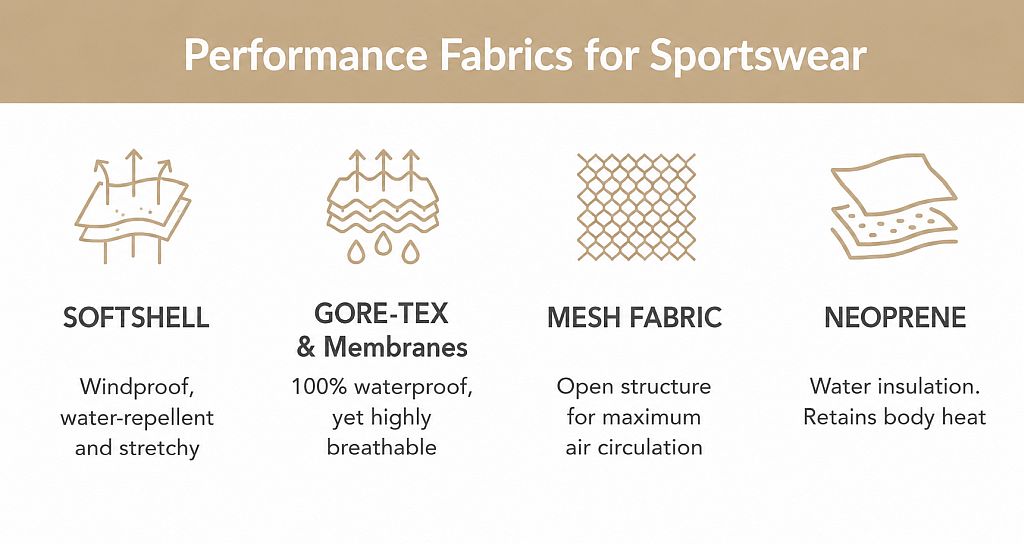 Infographic presenting functional fabrics for sportswear, including performance materials, key properties, and typical applications in activewear