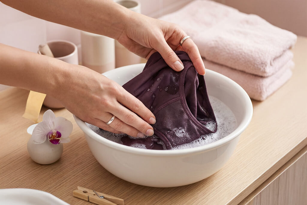 Step-by-step guide for washing menstrual underwear, including rinsing in cold water, gentle washing at low temperature, and air drying to preserve absorbency and leak protection