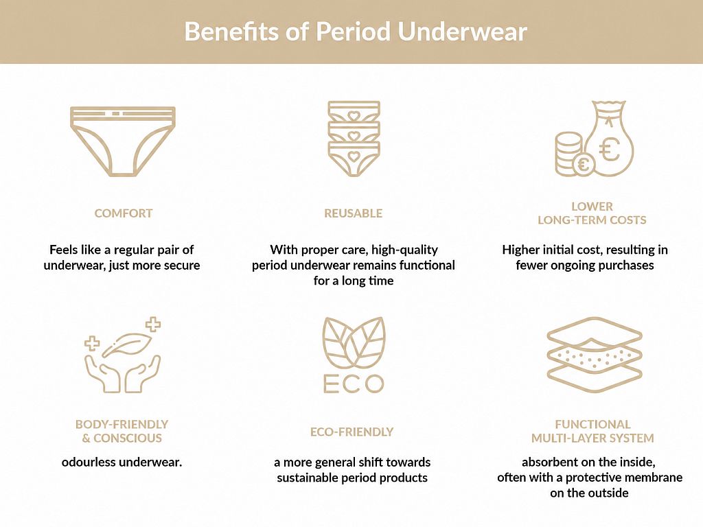 Illustration of period underwear benefits including comfort, reusability, cost savings, and eco-friendly protection compared to pads and tampons