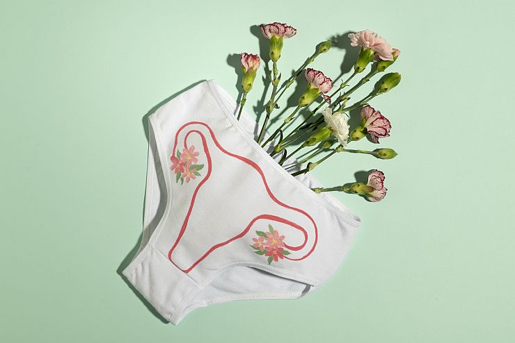 Illustration showing steps for washing period underwear, including cold rinsing, gentle machine or hand wash, and air drying to maintain hygiene and absorbency