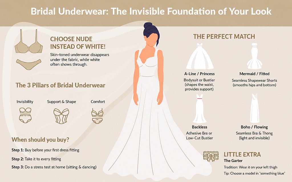 Bridal underwear infographic – types of lingerie for wedding dress and styling guide
