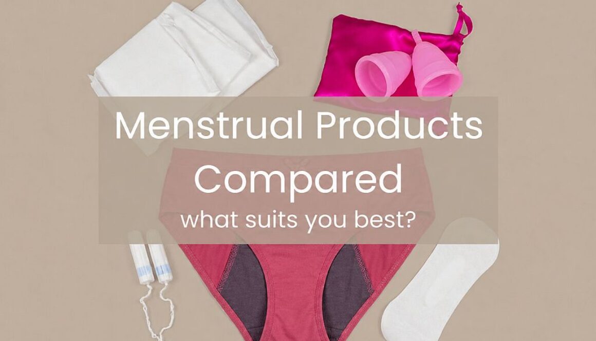 Comparison of menstrual products including tampons, menstrual cups, sponges, and period underwear in a clear table overview
