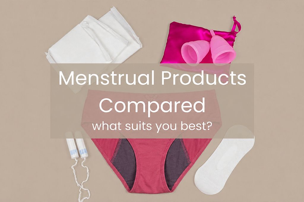 Comparison of menstrual products including tampons, menstrual cups, sponges, and period underwear in a clear table overview