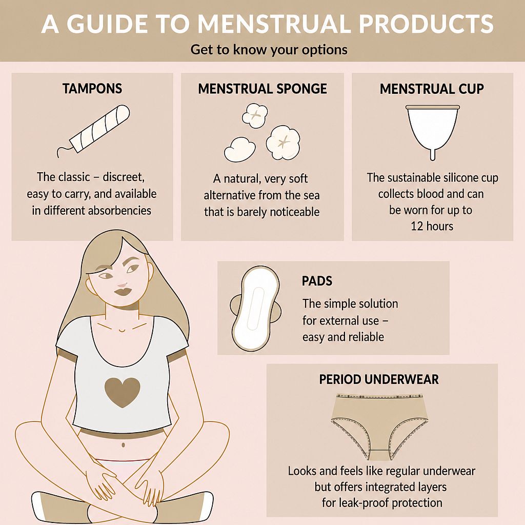 Infographic comparing different menstrual products including tampons, menstrual cups, menstrual sponges, and period underwear based on comfort, cost, sustainability, and usage