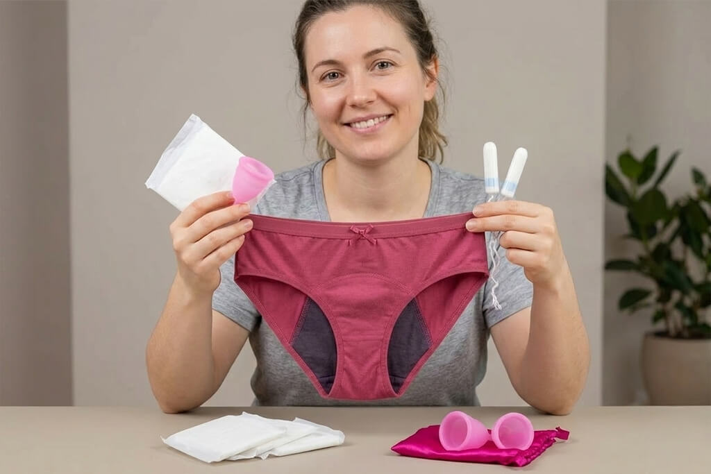 Period underwear displayed as comfortable reusable menstrual protection resembling regular underwear