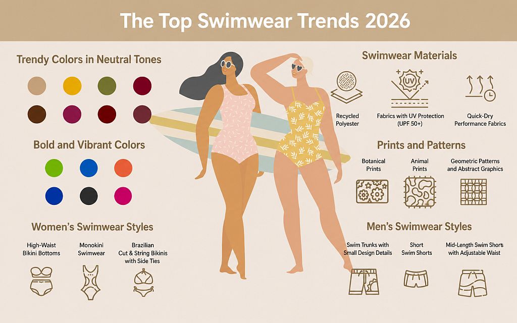 Infographic presenting the top swimwear trends for 2026, including trending neutral and vibrant colors, sustainable and UV-protective swimwear fabrics, popular prints and patterns, and fashionable swimwear styles for women and men. The design features two women in swimsuits standing in front of a surfboard alongside visual icons and color palettes.