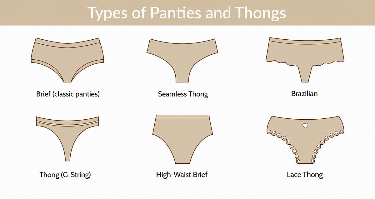 Wedding Panties – Types of Bridal Underwear Explained Infographic showing different types of wedding panties, including various cuts, styles, and their typical uses for bridal lingerie.