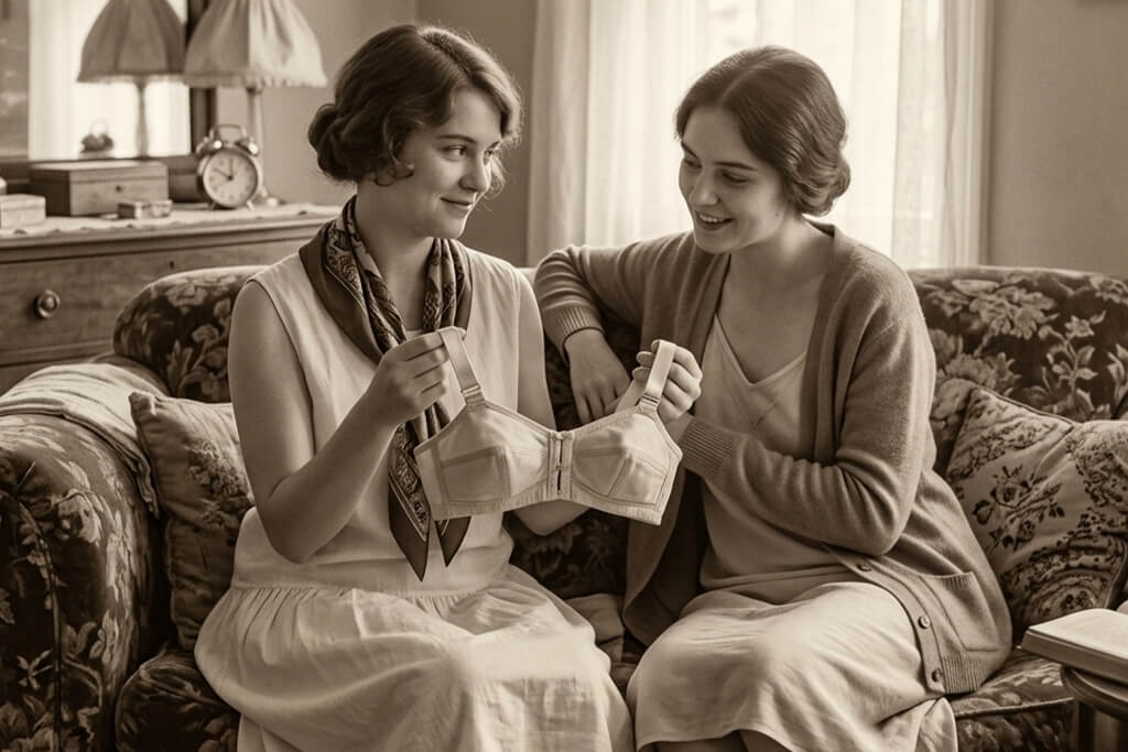 Two women examining a bra in a historical sepia photograph