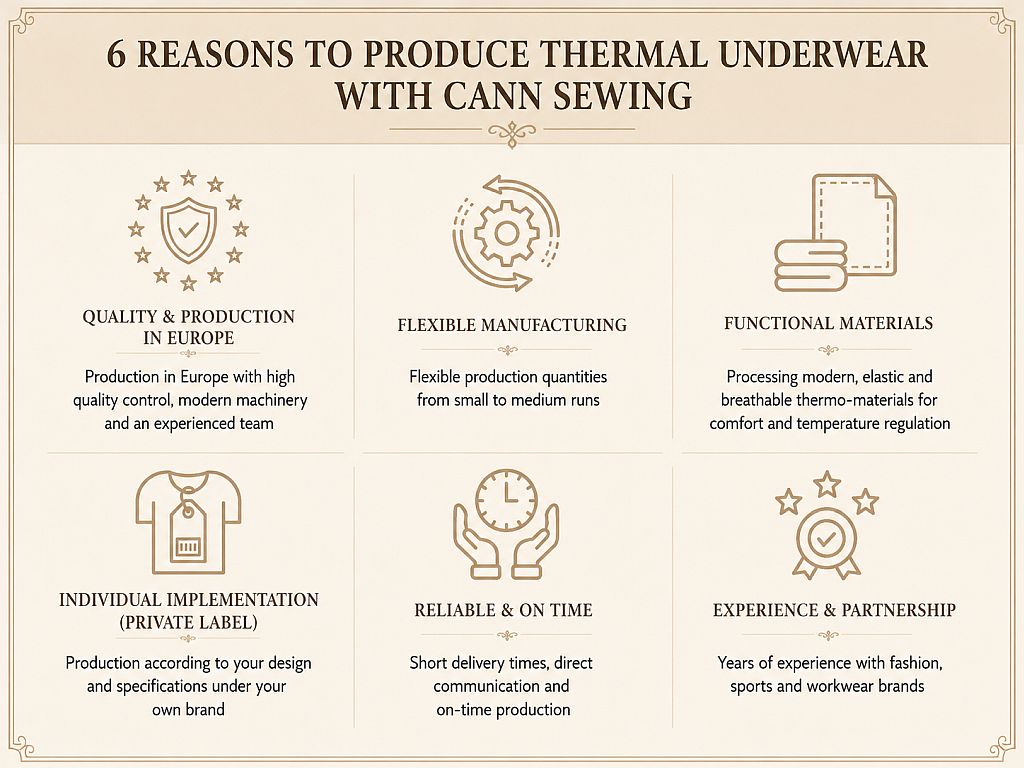 Thermal Underwear Sewing Process – Step-by-Step Manufacturing Infographic Thermal underwear sewing infographic – production process from design to finished garment