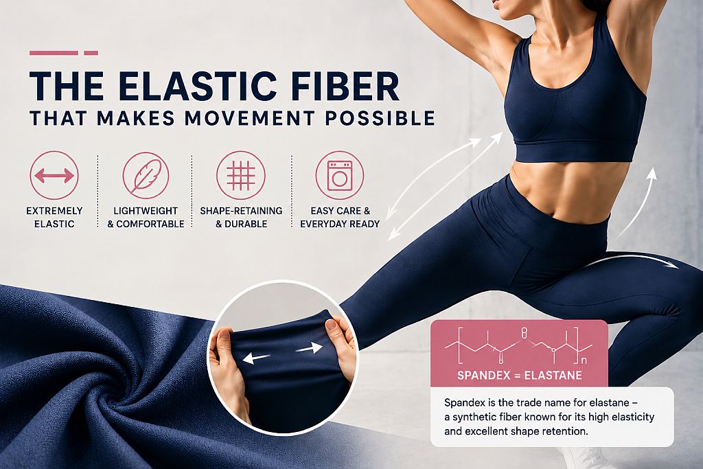 Elastic fiber infographic – stretch, recovery and key properties Title: Elastic Fiber – Key Properties and Uses