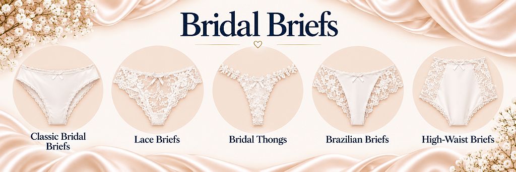 Types of bridal panties – CANN Ella Dębowska Sewing Workshop Types of bridal panties infographic showing different styles, lace details and elegant designs for bridal lingerie