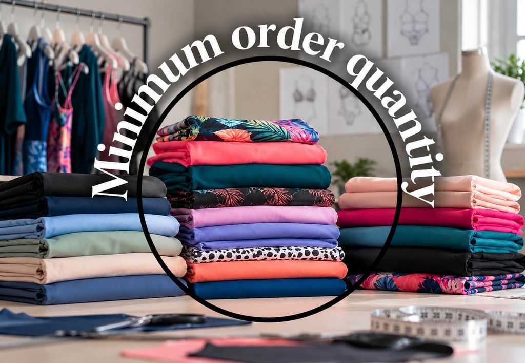 a pile of folded clothes on the desk with minimum order quantity