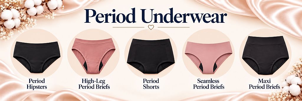 period underwear infographic Types of period panties infographic showing five styles and key features of functional menstrual underwear