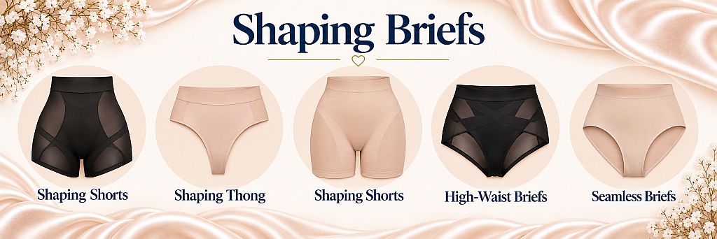 Shaping Briefs – Fit and Body Contouring Shaping briefs infographic showing fit, body contouring, reinforced zones and shaping effects