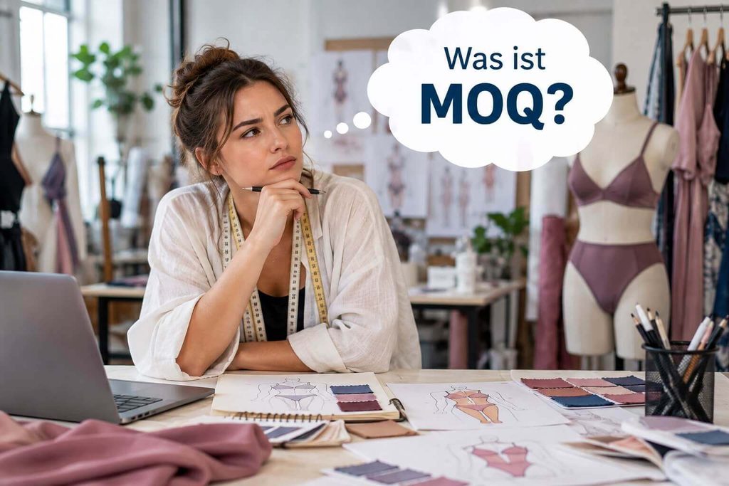 Eine Frau sitzt am Arbeitstisch und überlegt was ist moq und dazu ein Gedankenwolke